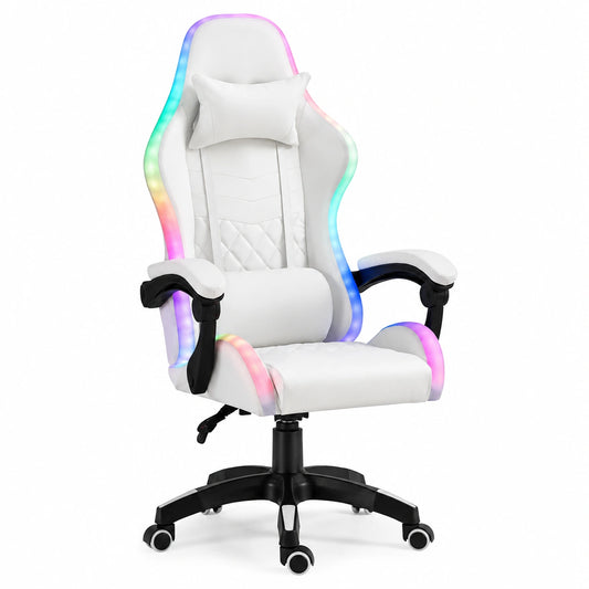Sedia da Gaming Ergonomica Bianca con LED e Cuscino Regolabile