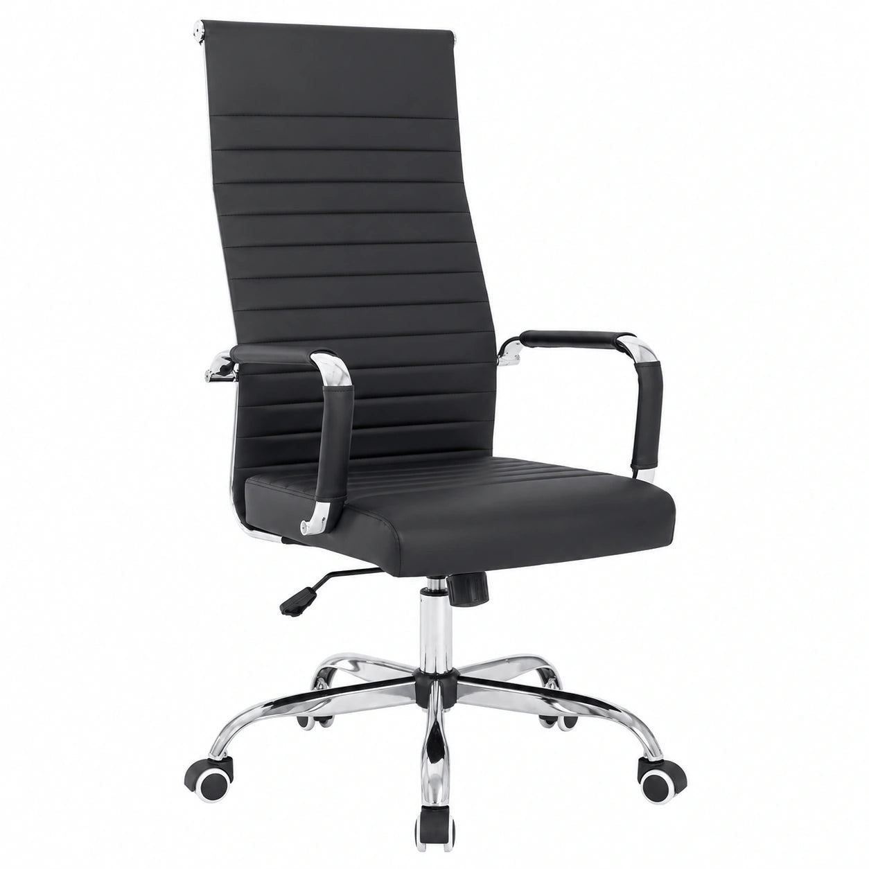 Sedia Ergonomica da Ufficio in Pelle Nera con Schienale Alto e Supporto Lombare, Altezza Regolabile e Rotelle a 360°