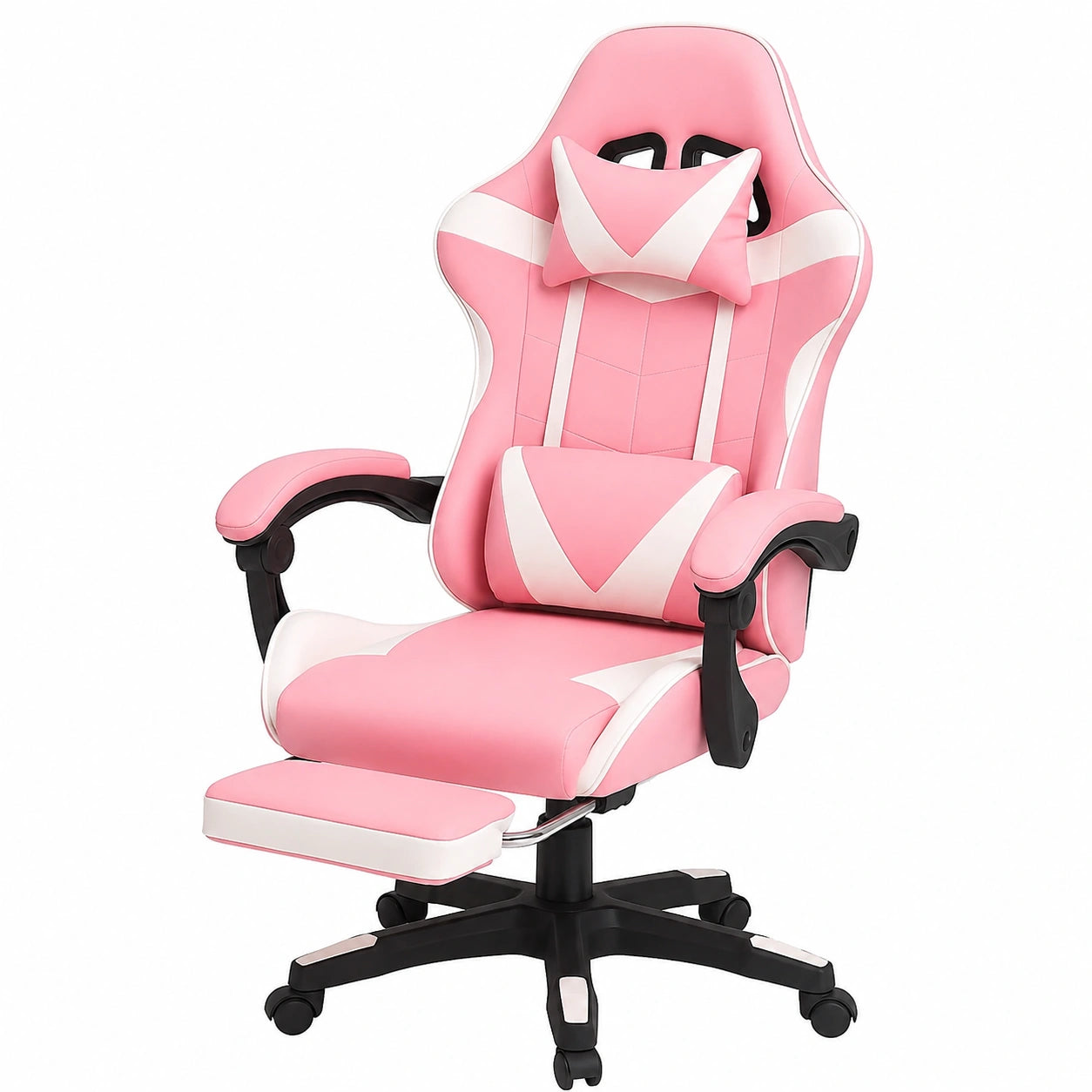 Sedia da Gaming Ergonomica con Poggiapiedi e Cuscino Supporto Lombare, Reclinabile a 135°, Seduta Regolabile in Ecopelle (Rosa/Bianco)