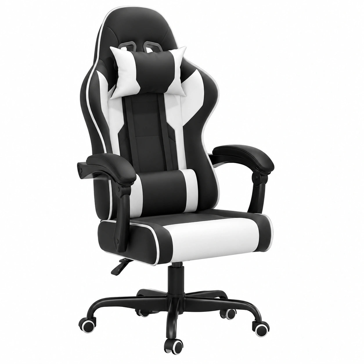 Sedia Gaming Ergonomica con Massaggio e Supporto Lombare, Schienale Regolabile fino a 135°, Capacità 150 kg, Bianco e Nero