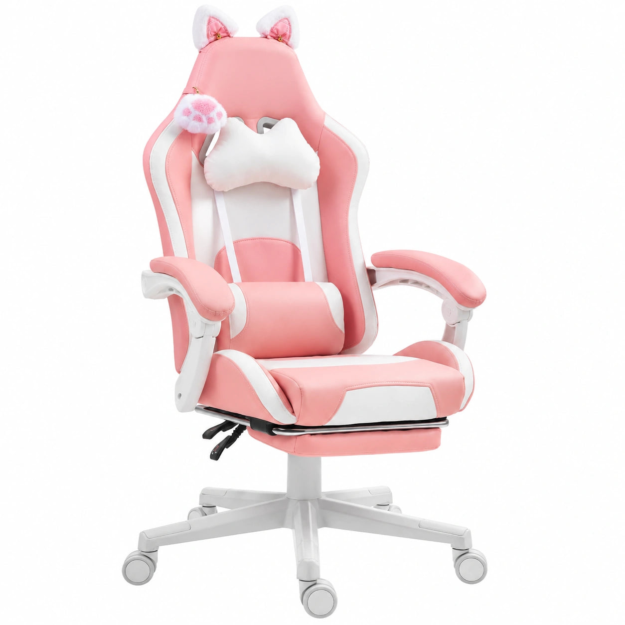 Poltrona Gaming Ergonomica HOMCOM Rosa con Orecchie da Gatto, Reclinabile in Finta Pelle
